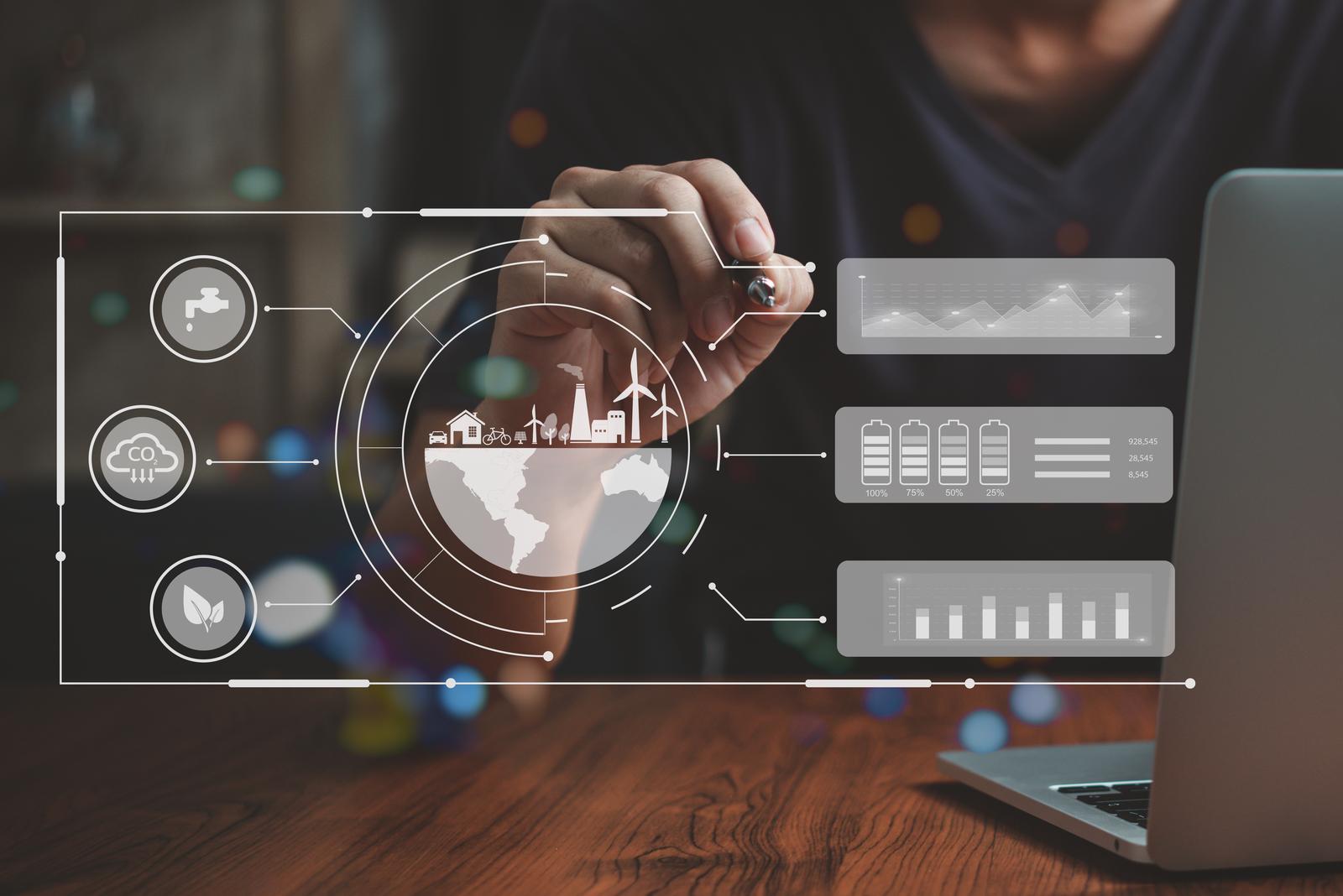 Man touching virtual screen displaying energy intel